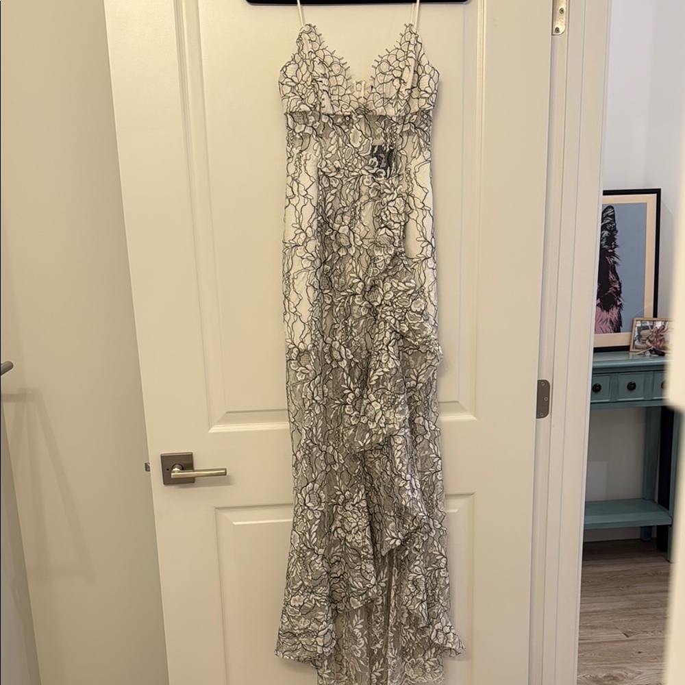 NBD Black and White Asymmetrical Ruffled Maxi Gown